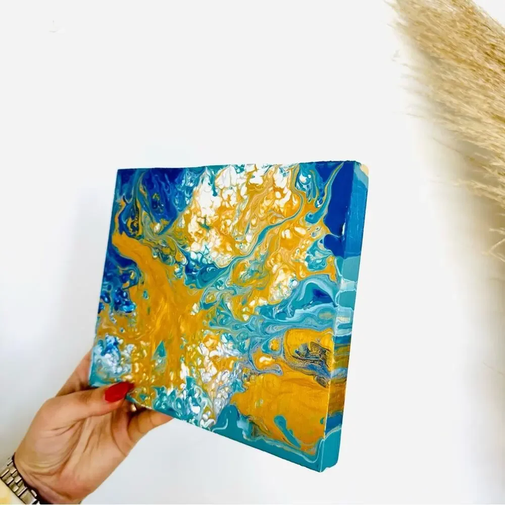 Metallic Gold White Turquoise Blue Abstract Painting Original Art Wood Square